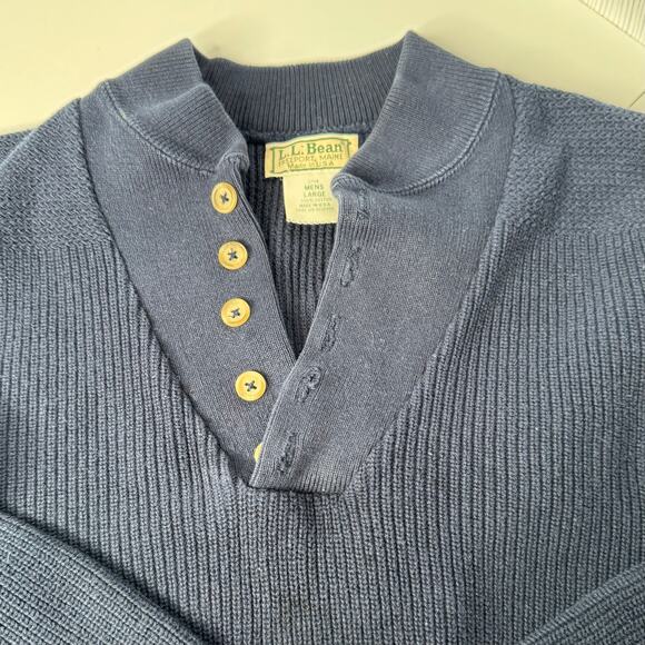 Vintage LL Bean Sweater Men Lg  Blue Chunky Knit 100% Cotton Quarter Button USA - Picture 1 of 9